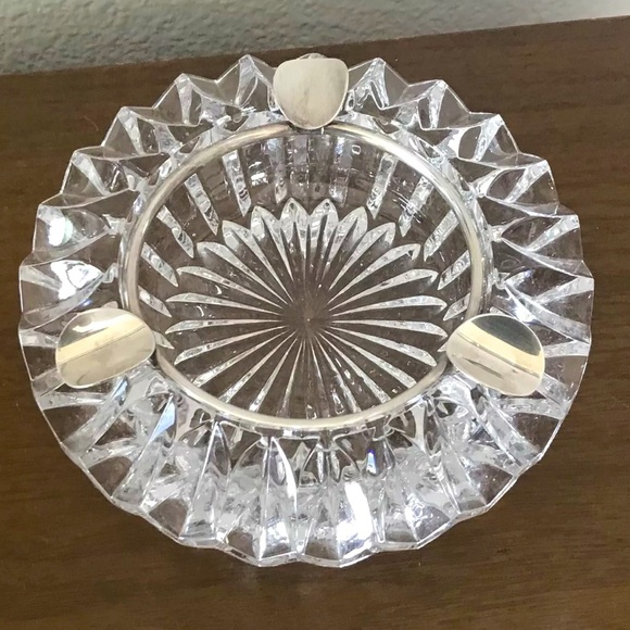 Vintage Other - Mid Century Modern Ashtray Heavy Clear Cut Glass Silver Plate Starburst MCM
